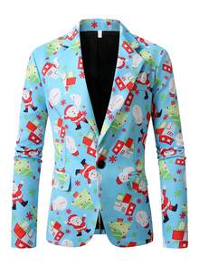 Men's Casual Digital Print Single-Button Suit, Christmas Pattern