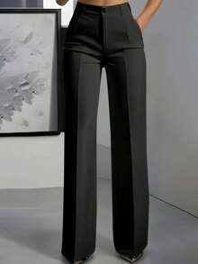 Straight Leg Trousers With Pockets, Solid Color And Stylish 2025, High Quality, Elastic Waistband, Easy To Put On And Take Off. - màu đen - Xem 1
