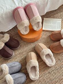 Damskie, jednokolorowe, swobodne, pluszowe kapcie wsuwane z futerkowym wykończeniem, wygodne, domowe ubranie na jesień/zimę