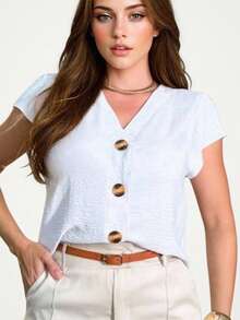 Women's Short Sleeve Shirt Blouse Duna Fabric With Button New 2025 European And American Style - trắng - Xem 4