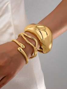 3pcs/Set Minimalist Geometric Asymmetrical Teardrop Shaped Metal Bangle Bracelet Set, Thick Solid Gold-Tone Alloy Material, Suitable For Women