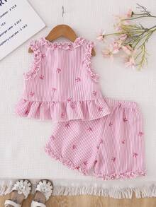2件套女童无袖条纹上衣和短裤套装，蝴蝶结装饰，休闲时尚，适合户外穿着