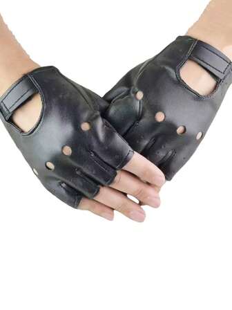 1 双朋克风格半指手套，户外骑行摩托车手套
