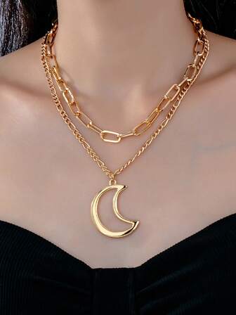 1pc Fashionable Exaggerated Double-Layer Hollow Thick Chain Star Pendant Necklace, Suitable For Women's Daily, Festival, Party Wear