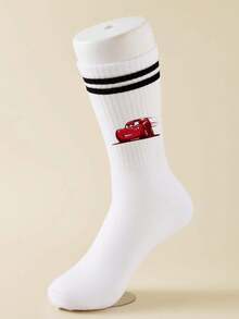 5/1 Pair Disney Men's Mid-Calf Socks, Black With Double Stripes And Car Pattern, Sports Socks - White - View 9