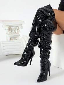 Women's Pointed Toe Side Zipper Stiletto Heel Autumn/Winter Boots, Sexy Nightclub Legging Boots, Over-The-Knee Boots, Leather/Patent Leather Black Boots,High Heels - Black - View 3