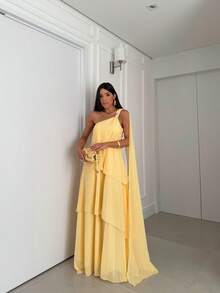 Elegant Simple Elegant Long Dress With Asymmetrical Cape Sexy Party Chiffon Asymmetrical Wedding Summer - 黃色 - 查看 1