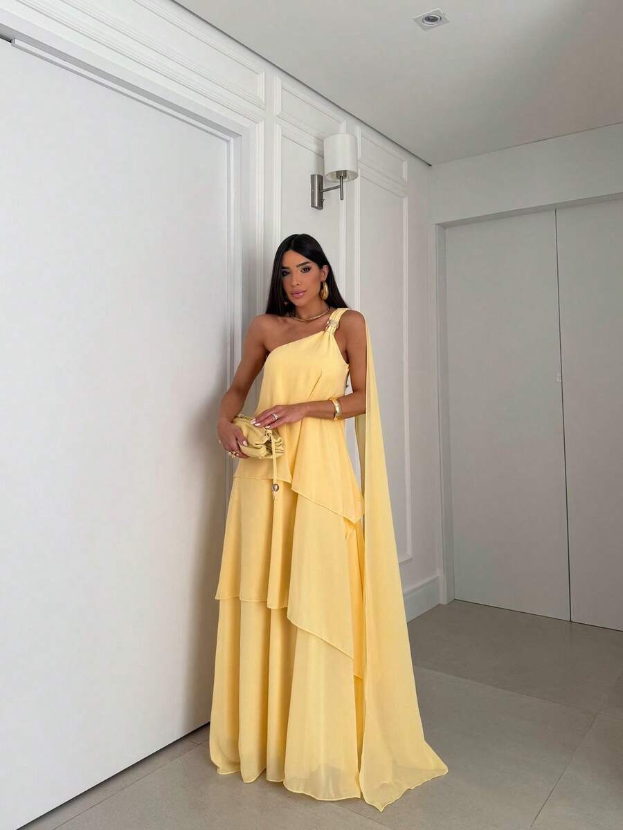 Elegant Simple Elegant Long Dress With Asymmetrical Cape Sexy Party Chiffon Asymmetrical Wedding Summer - 黃色 - 查看 1