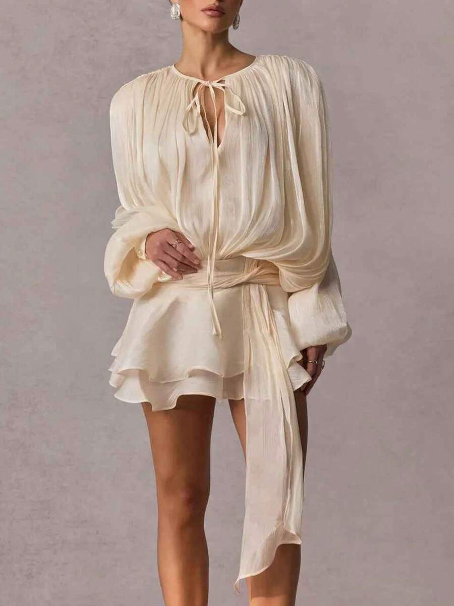 Women's Elegant Ruffle Mini Dress Long Lantern Sleeve V-Neck Lace Up Layered Pleated Loose Short Dress Tie High Waist Cocktail Swing Mini Dresses - 杏色 - 查看 1