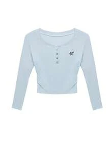 温柔腰褶饰小众刺绣纽扣长袖汗衫 - 藍色 - 查看 2