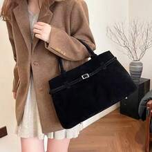 复古时尚大容量仿麂皮手提包，欧美复古麂皮绒面手提包，通勤、休闲、日常、旅行皆宜 - 黑色 - 查看 3