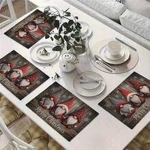 4 pièces/6 pièces Napperon de Noël avec gnome rouille et gris, décoration de table de fête vintage avec impression de flocons de neige sur fond en bois. Accessoire de décoration de table pour rassemblement familial et célébration des fêtes. Tapis de table de Noël en lin de 32x42cm, convient pour la décoration intérieure/extérieure et les fêtes de cuisine. Pour la décoration de table à la maison. - Multicolore - Voir 6