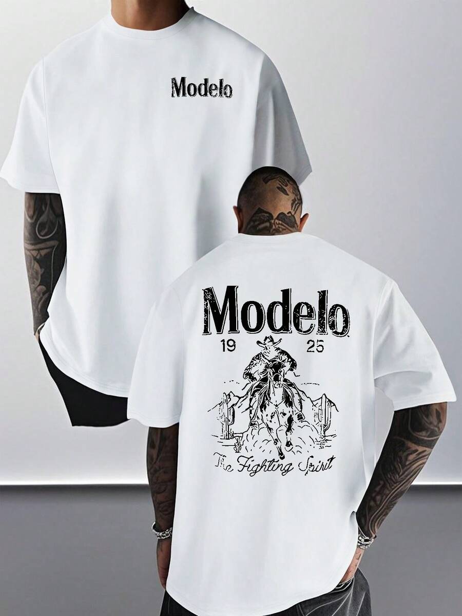 1pc Modelo Graphic Print Men's 100% Cotton T-Shirt, Casual Sports Style Top T-Shirt, Fashionable Street Style, Suitable For Travel And Sports Wear - 白色 - 查看 1