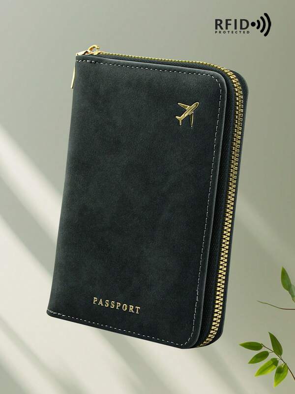 1pc PU Leather Travel Passport Holder, RFID Blocking Multi-Functional Portable Passport Cover Document Organizer Wallet With Zipper, Multi Card Slots