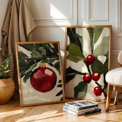 Tryck av en halv röd julgransprydnad. Röd julgransprydnad. Utskrivbar jultavlskonst på canvas. Tryck i varm och vintagestil. Varm och festlig canvasväggkonst, rumsaffisch, heminredning, rumsdekorationsestetik, rumsdekorationstillbehör. Rumsdekor, valfri ram.