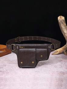 Women's Chest Bag Retro Rivet Decor Adjustable Belt Waist Pack Black Faux Leather Waist Bag With Multiple Compartments - 深啡 - 查看 10