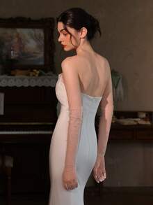 1 双优雅白色长串珠网新娘手套，婚礼派对摄影道具配件秋季配饰