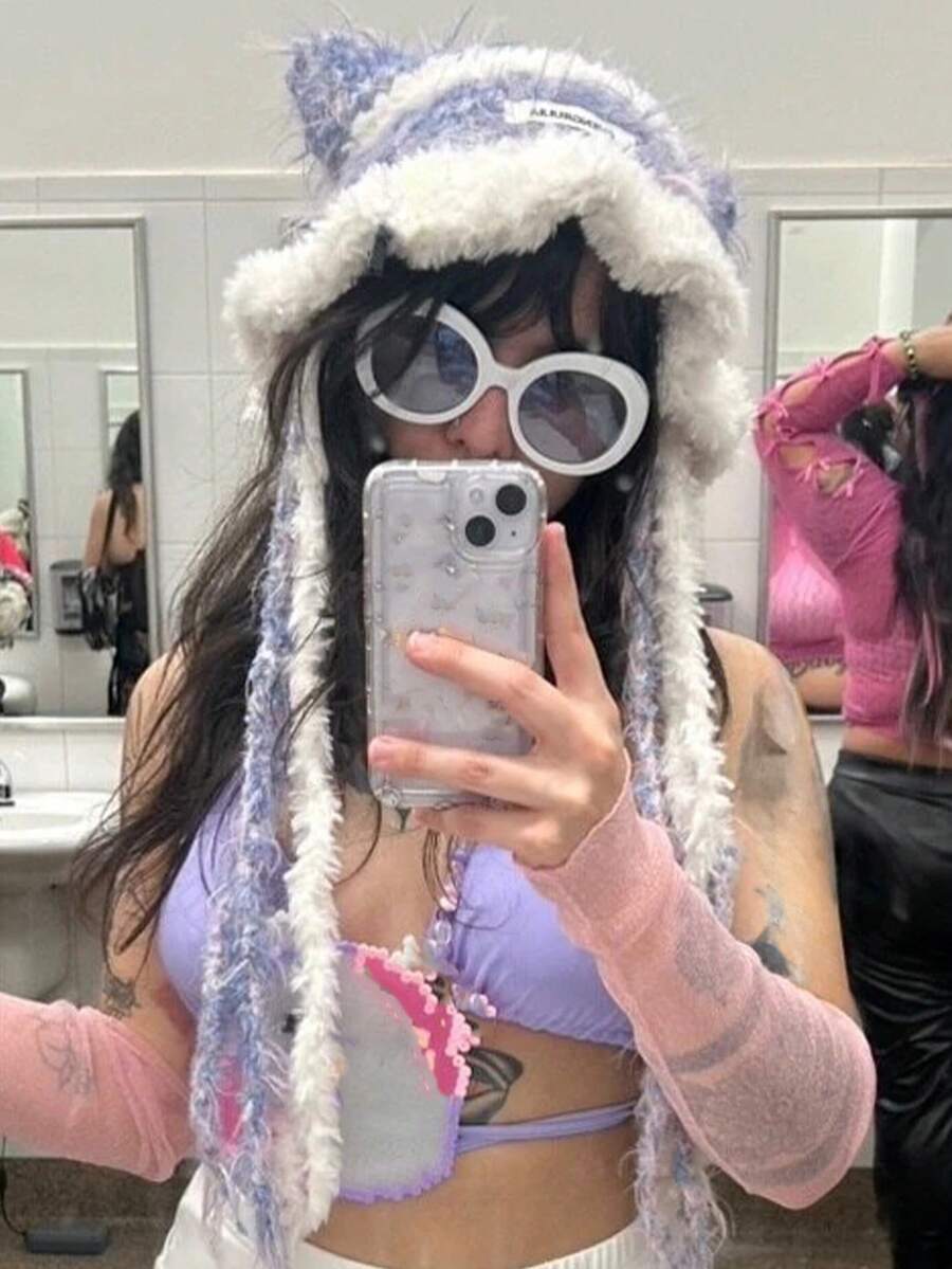 女士手工针织可爱猫耳毛绒帽，秋冬新款朋克甜美Y2K俏皮柔软针织帽，时尚百搭 - 針織帽 - 查看 1