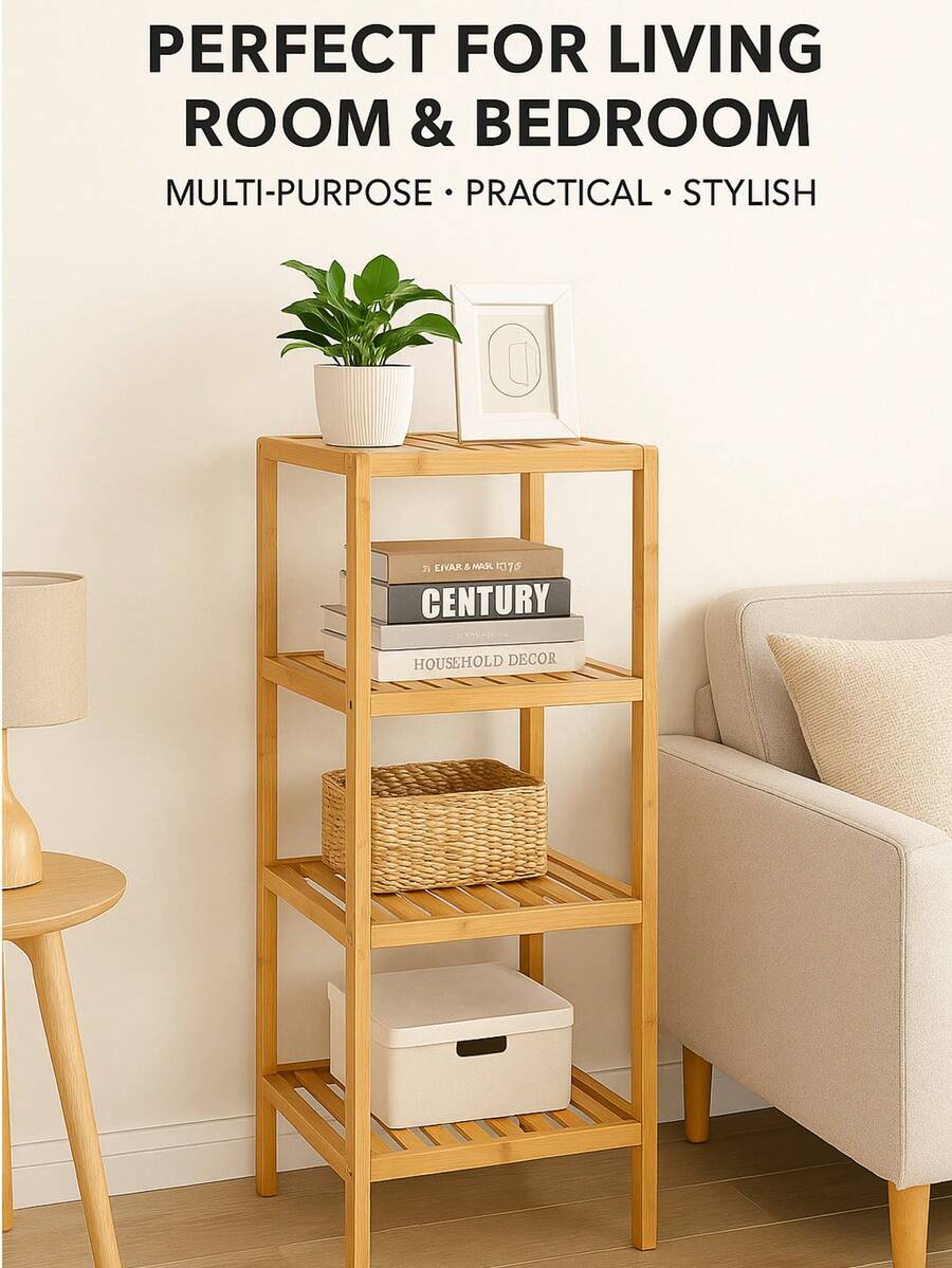A Bamboo Simple Bedroom Bathroom Storage Rack Multi-Purpose Storage Rack Small Flower Pot Rack Kitchen Shelf Living Room Floor Bookshelf - Wood Color (four Layers) - View 1