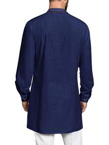 Mens Long Sleeve Robe Gown Casual Cotton Linen Button Muslim Shirt - 海軍 - 查看 3