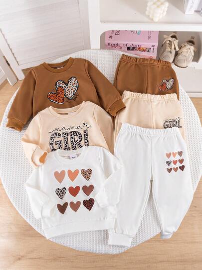 6pcs Baby Girls Autumn/Winter Fashionable American Style Heart & Leopard Print Crew Neck Sweatshirt & Casual Sports Pants Set