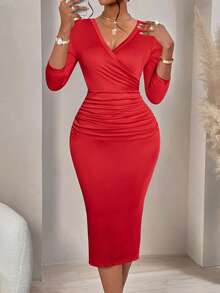 AIJ Amarilo Women's Fashionable Wave Prints Crisscross Wrap Three-Quarter Sleeves V-Neck Ruched Bodycon Dress(Random Print) Elegant Spring - Red - View 7