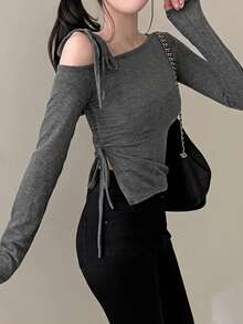 侧系带修身露肩长袖 T 恤 - 深灰 - 查看 4