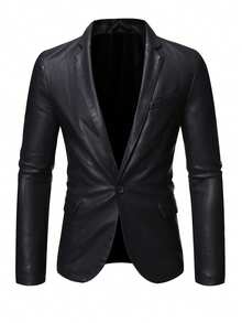 1pc Men's Casual Business Black Leather Single-Breasted Blazer, Fall/Winter