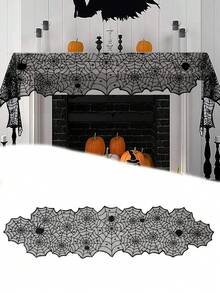 200/180cm Black Lace Skull Print Table Runner, Spider Web Table Runner, 30*45cm Skull Shaped Polyester Square Tablecloth For Decor, Horror Theme Bar Decoration, Home Decor, Wedding Party Decoration, Theme Party Table Decor