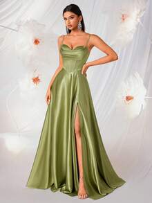 Elisanya Women's Elegant Spaghetti Strap Pleated Fishtail High Waist A-Line Backless Tie Dress - Green - View 7