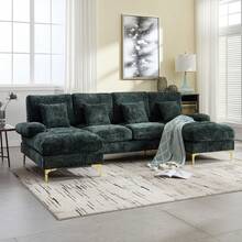 Modern Large Chenille U-Shape Sectional Sofa With Double Reclining Seats For Living Room Bedroom Office Apartment Villa Living Room Home By The Fireplace, Emerald - Ngọc lục bảo + Nhung + 4 chỗ ngồi + Xốp - Xem 7