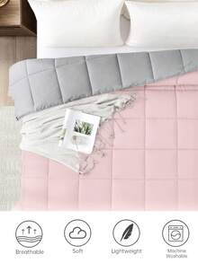 1件浅粉色带灰色缝线双面可用被子，格子缝线，保暖柔软蓬松，适合冬季使用，羽绒替代填充物，可机洗，通过Oeko-Tex认证 - 淺粉色 - 查看 7