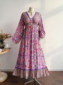 Rusttydustty 大码女式波西米亚风茶会度假印花长袖连衣裙，多色V领层叠下摆飘逸连衣裙，春季优雅 - 紫色 - 查看 2