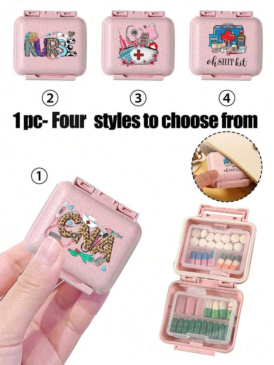 Mini 6-Grid Portable Pill Box, 6-Grid Small Pill Box, Pink Small Pill Box With Medical Element Pattern, 6-Day Storage Box, Initial Travel Pill Box, 6-Grid Portable Pill Box, Daily Vitamin Pill Box, Pocket Wallet Small Pill Box, Letter Id Pendant Storage Box, Earring, Ring, Jewelry Storage Box, Home Must-Have, Travel Must-Have Travel Essentials For Holiday Vacation Medicine Organizer Emergency Kit For Travel For Outdoor First Aid Bag