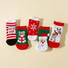 5 Pairs Children Christmas, Reindeer, Snowflake Printed Mid-Calf Socks For Christmas Party, Autumn/Winter - Multicolor - View 4