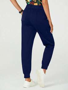 cimmuovere Pantalones de trabajo de cintura alta ajustados - Diseño de múltiples bolsillos - Pantalones delgados y transpirables - Bolsillos con cremallera lateral - Dobladillo elástico - Azul Marino - Ver 7