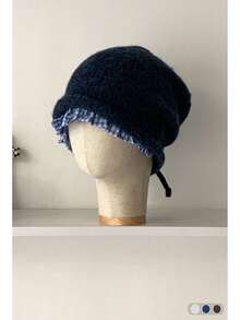 Letter Knitted Cuffed Beanie Hat For Women, Autumn/Winter, Fashionable, Face-Slimming, Large Head Circumference, Cold-Proof, Simple, Versatile, Ear-Warming, Knitted Hat With Plaid Ruffle, Grey - Multicolor - View 15