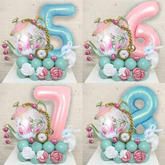 42 件花园茶会主题气球套装，包含 10 英寸绿色乳胶气球、5 英寸粉色心形气球、金色、白色、粉色气球棒、茶壶、粉色和蓝色数字糖果，适合 0-9 岁生日派对装饰、婚礼订婚装饰、卧室装饰，是送给儿子/女儿的理想礼物