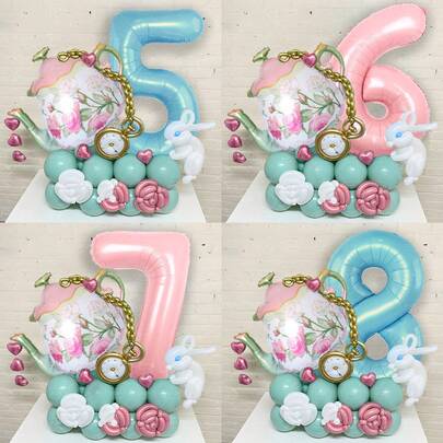 42pcs Garden Tea Party Theme Balloon Set, Includes 10" Green Latex, 5" Pink Heart, Gold, White, Pink Balloon Sticks, Teapot, Pink & Blue Number Candies, Suitable For 0-9 Years Old Birthday Party Decor, Wedding Engagement Decor, Bedroom Decor, Ideal Gift For Son/Daughter