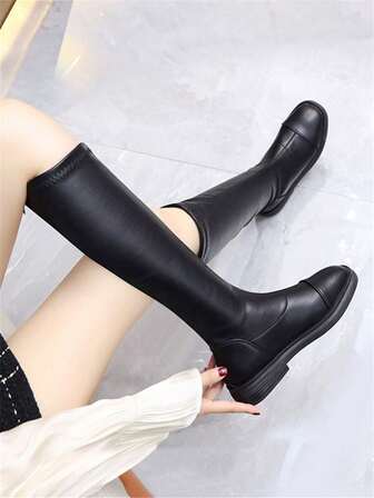 2025秋冬新款黑色平底弹力过膝靴修身大码软底马靴高筒靴
