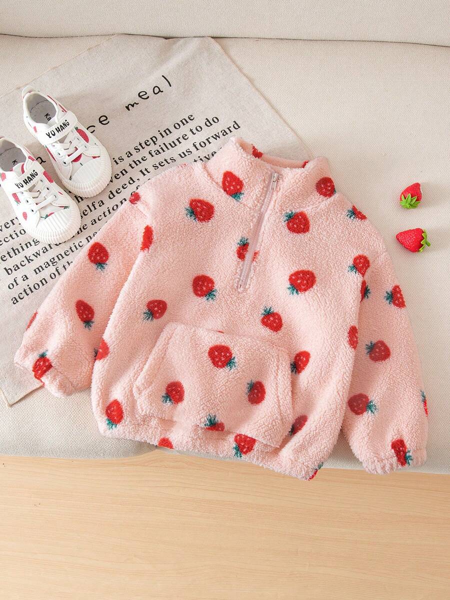 Baby GirlCute Casual Plush Collar Strawberry All-Over Print Thick Sweatshirt, Autumn/Winter