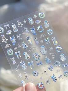 1 张 2025 新款圣诞美甲贴纸，5D 闪亮贝壳激光粉色圣诞树、花环、雪花、星星自粘美甲贴纸 - 彩色 - 查看 3
