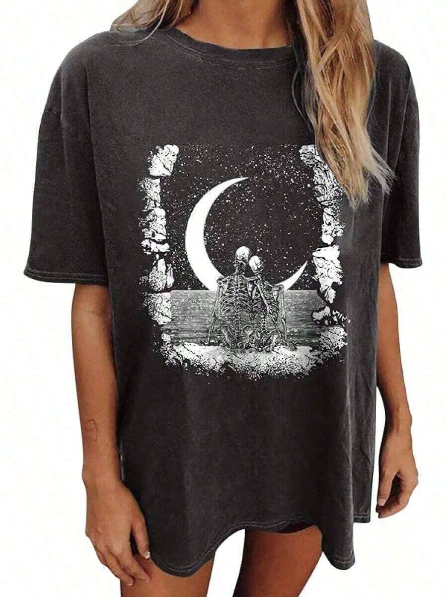 Women's Tops Letter Tee Graphic T-Shirts,Vintage Shirts For Women Cute Graphic Tee Spring Short Sleeve Tops Oversized Tshirts Unisex Halloween T-Shirt - 深灰色 #B - 查看 1