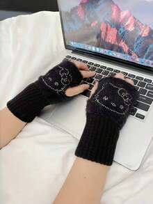 Sanrio 1 Pair Hello Kitty Plush Rhinestone Gloves, Thick & Warm For Winter, Cute Cartoon Design For Women, Flexible & Convenient, Suitable For Autumn/Winter - Multicolor - View 7