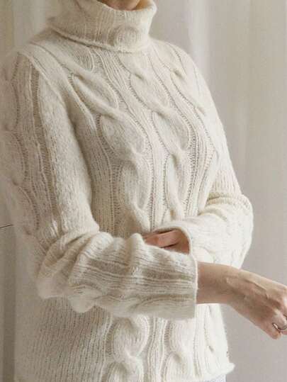 Jersey de cuello alto de punto trenzado para mujer de talla grande, jersey de punto de manga larga con ajuste regular