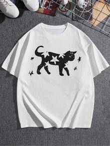 Camiseta de moda para mujer con un divertido estampado de gato estrellado. Top informal de cuello redondo para un estilo diario. Tejido de mezcla suave y cómodo, ideal para usar en capas o sola. Diseño único. Disponible en varias tallas. Talla extragrande. - Blanco - Ver 3