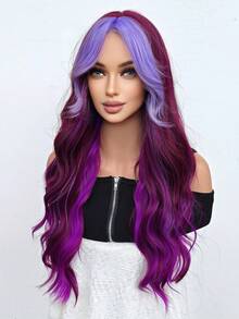 28 Inch Purple Long Wavy Curly Wig, Middle Part Purple Wig With Skunk Stripe, Loose Synthetic Wig Suitable For Women Daily, Party, Cosplay - Purple Highlight - View 4