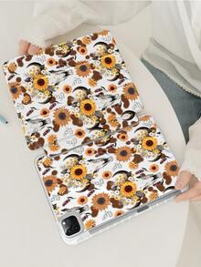 Una bellissima e carina custodia protettiva in acrilico trasparente con cristalli, dipinta a doppia faccia con un motivo floreale a girasole e testa di toro, antiurto, adatta per iPad di 7a, 8a e 10a generazione (10,2 pollici), con slot per la penna, supporta le funzioni di sospensione e riattivazione, ideale come regalo di Ognissanti o Capodanno.