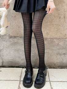 1 件套黑色千鸟格透视紧身裤，适合夏季 JK 风格性感热销 INS 明星风格连裤袜，适合女性 - 黑色 - 查看 6