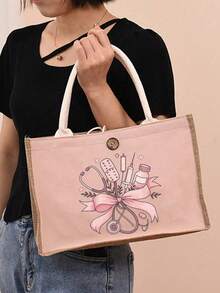 Bộ túi xách và túi đựng mỹ phẩm màu hồng chủ đề y tá, kiểu dáng giản dị, chất liệu vải, in hình ống nghe, trái tim, kim tiêm, nhiệt kế, viên thuốc, thích hợp cho đi học, du lịch, đeo vai và xách tay, unisex, quà tặng hoàn hảo, vật dụng cần thiết hàng ngày, quà Giáng sinh và Halloween. - Nhiều màu - Xem 2